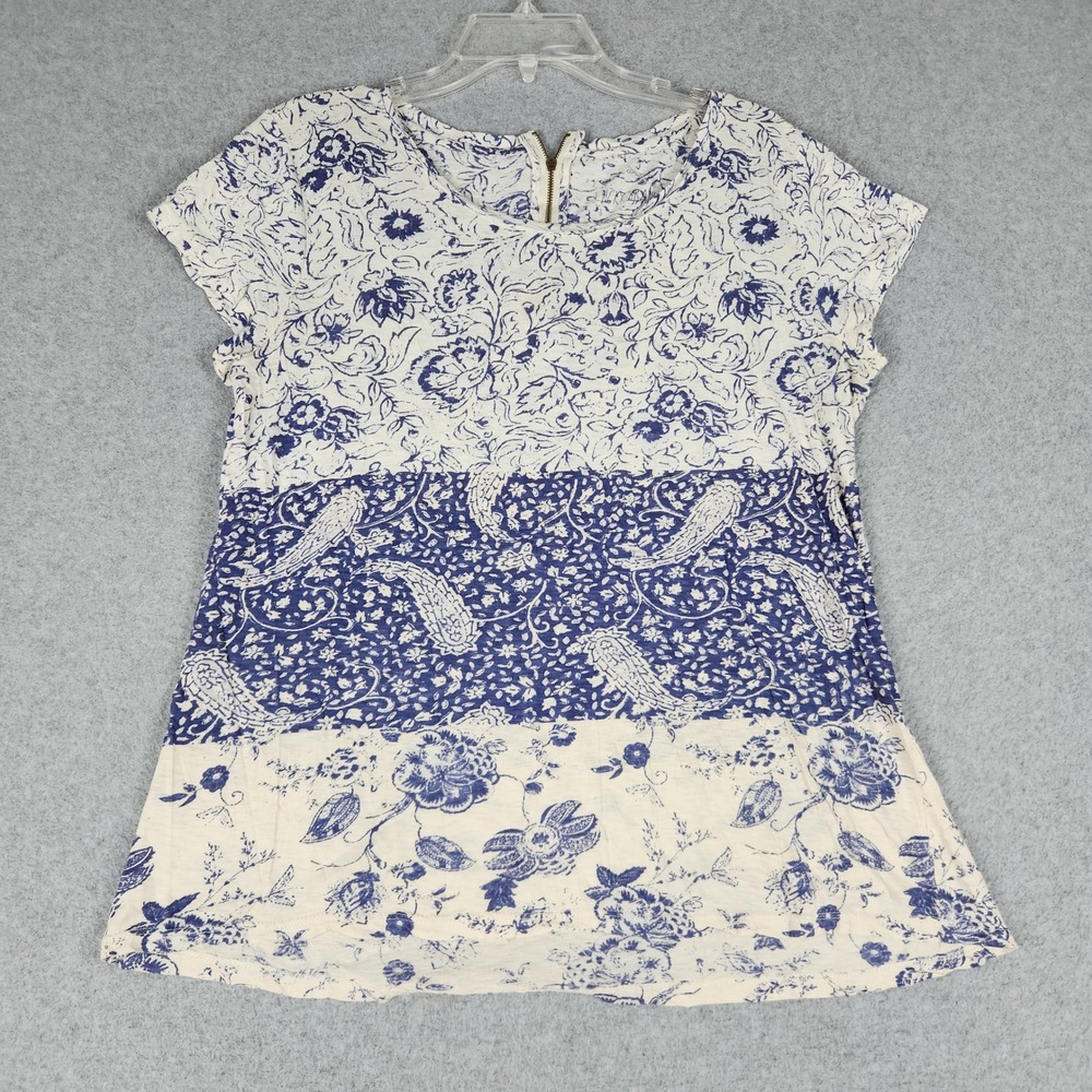 Lucky Brand Top Womens Medium Blue Floral Paisley Mixed Print Boho Back Zip Tee